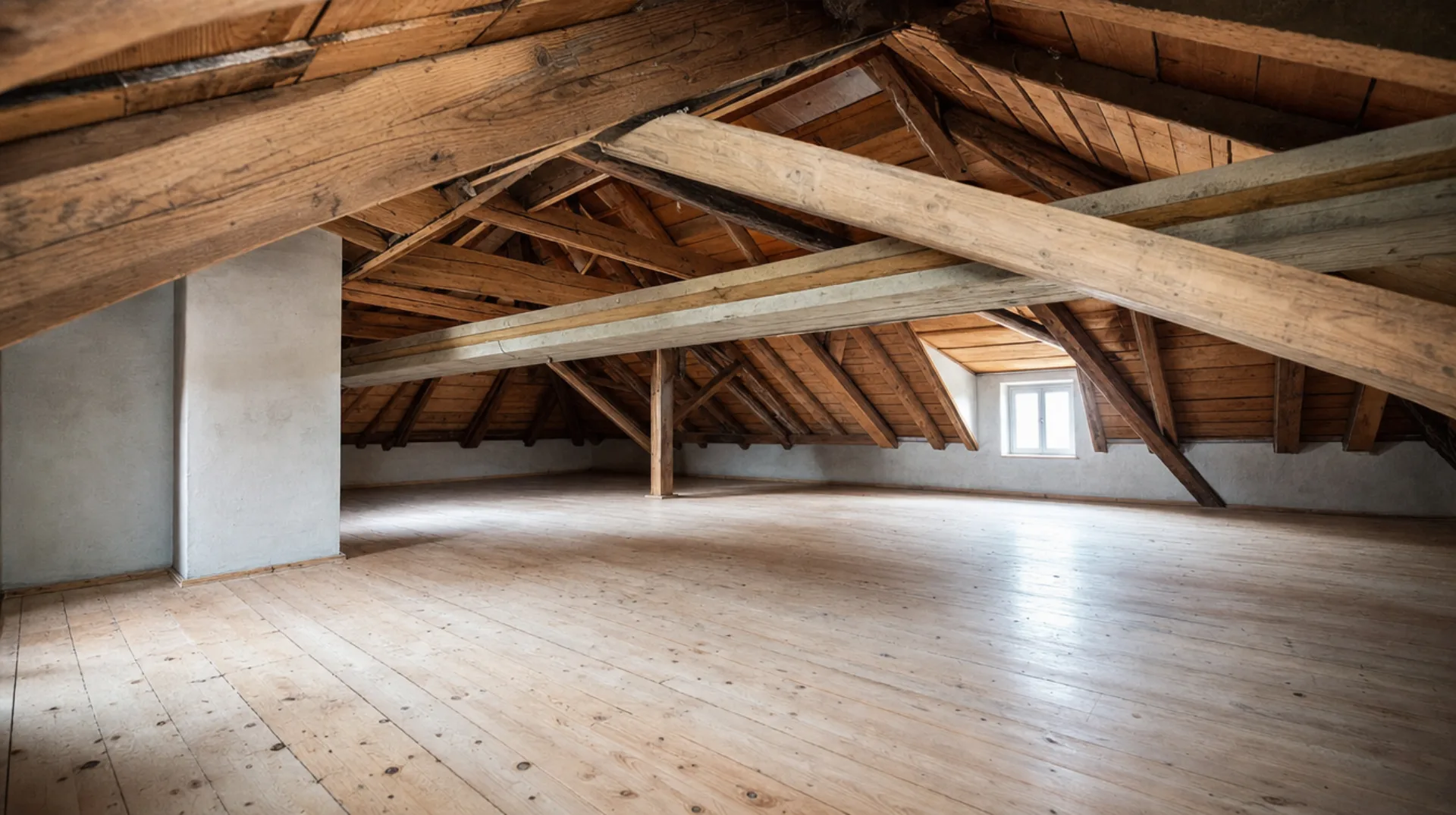 Dachbodenentrümpelung Niederösterreich – leerer, besenrein übergebener Dachboden mit Holzbalken und Dachschräge in einem niederösterreichischen Bauernhaus