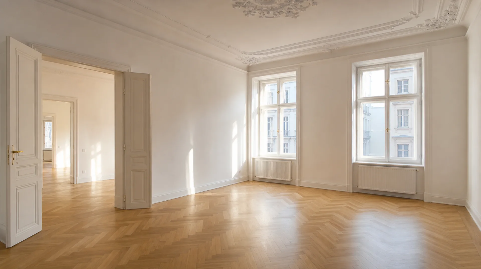 Entrümpelung Wien – leere, besenrein übergebene Altbauwohnung mit Parkettboden nach professioneller Räumung