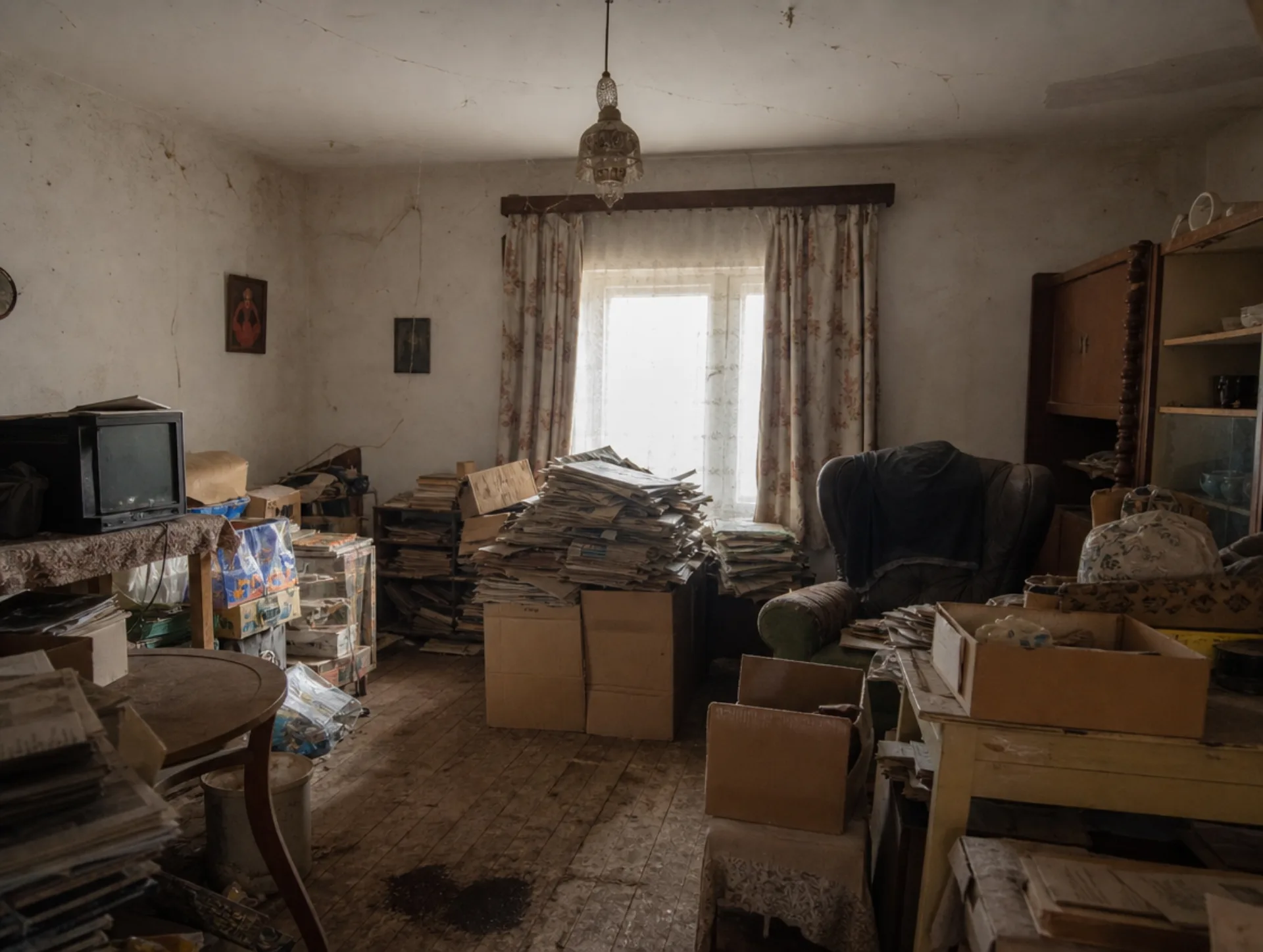 Stark verschmutztes Wohnzimmer in einem burgenländischen Haus vor der Sonderreinigung